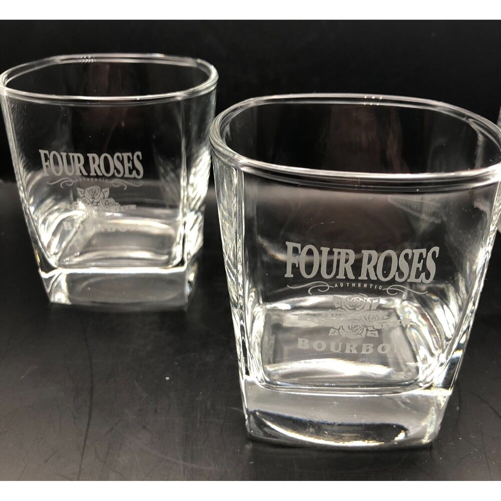 Four Roses Bourbon Whiskey Etched Glasses Set of 2 Square Bottom KY